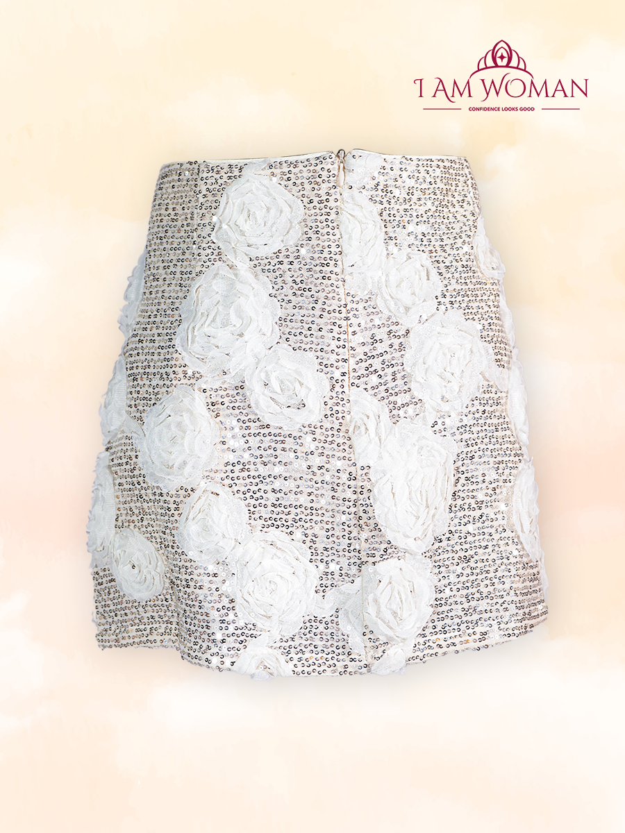 Beige Sequin Skirt With Rosette Applique