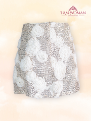Beige Sequin Skirt With Rosette Applique