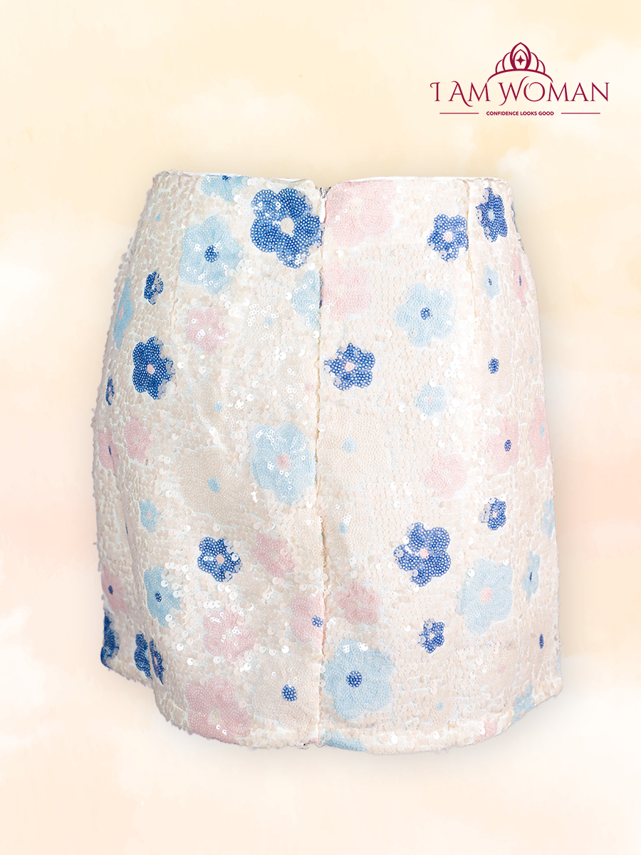 Pastel Sequin Floral Embellished Mini Skirt Large