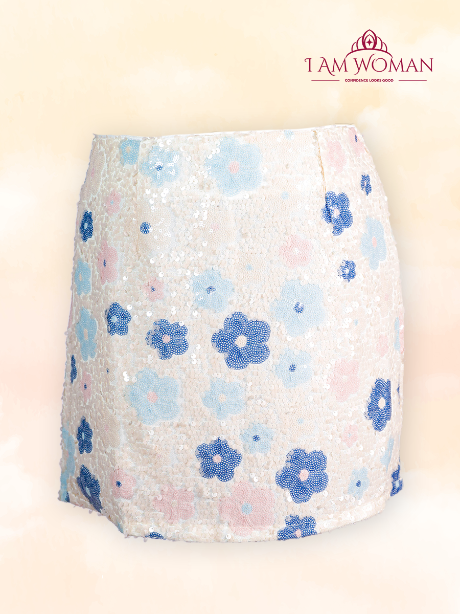Pastel Sequin Floral Embellished Mini Skirt Large