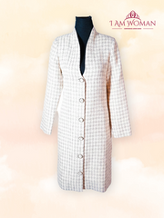 Beige houndstooth long coat.