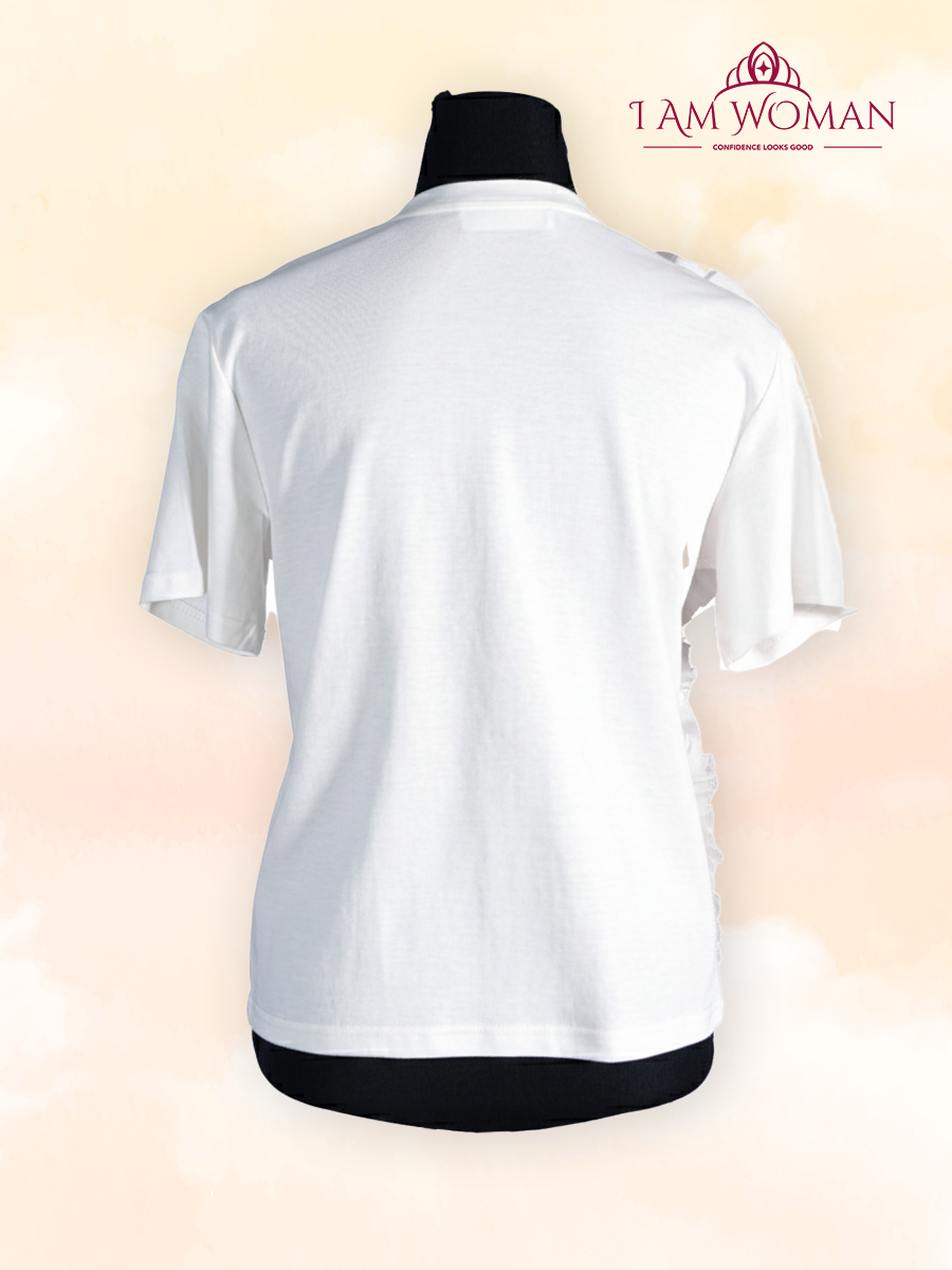 White t-shirt with a large white ruffle detail on one shoulder