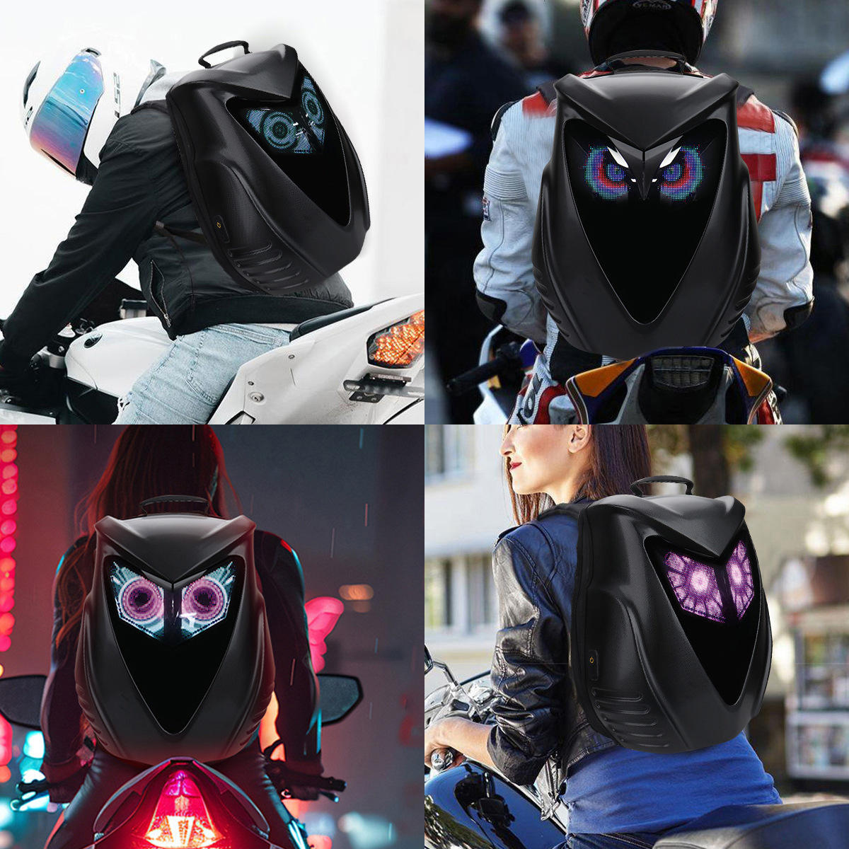 Sureto LED Rider Backpack Owl Hard-shell PVC Plain Black