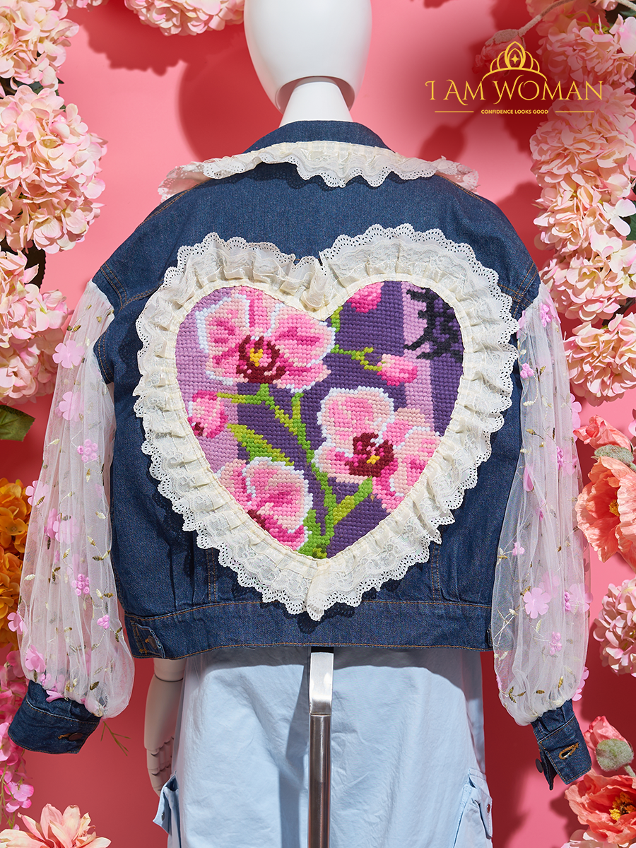 I Am Woman Denim Jacket with Floral Sleeves