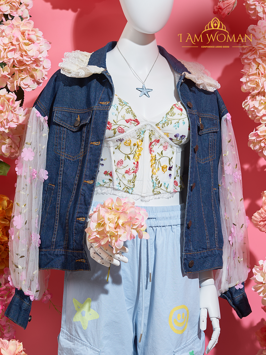 I Am Woman Denim Jacket with Floral Sleeves