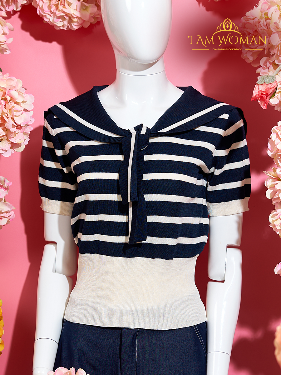 I Am Woman Navy and White Striped Sailor Top