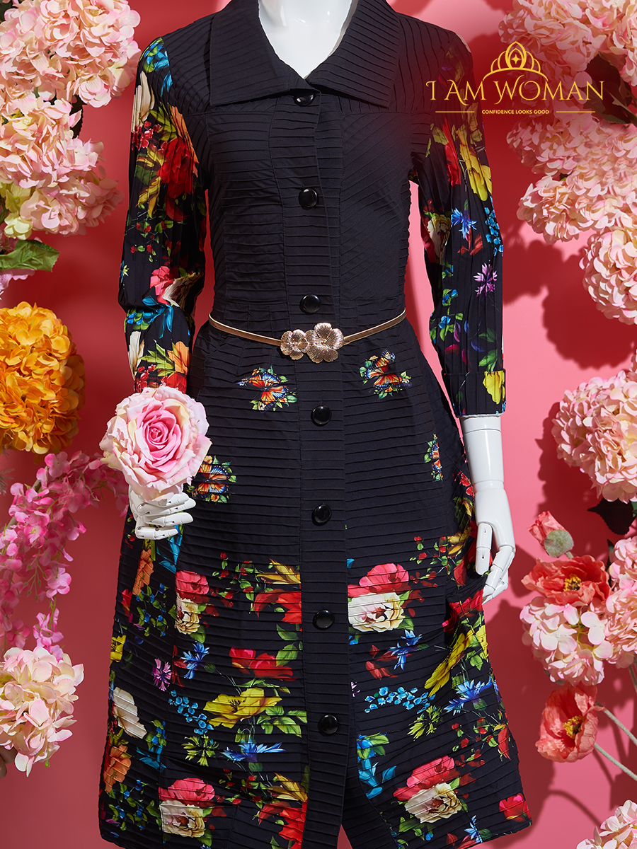 I Am Woman Floral Print Black Fit and Flare Dress