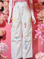 White Graphic Cargo Pants