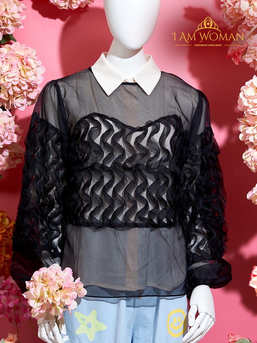 Black Sheer Blouse with 3D Floral Accents