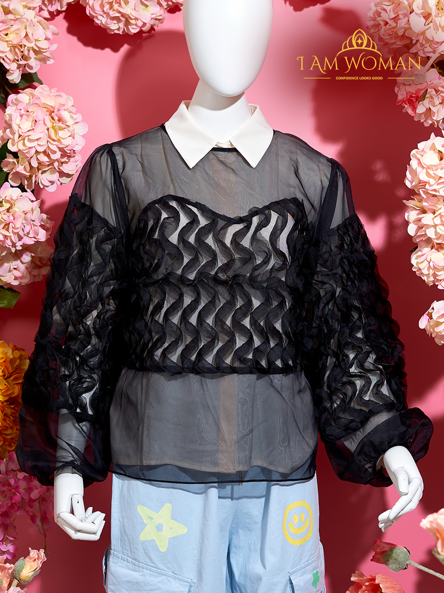 Black Sheer Blouse with 3D Floral Accents