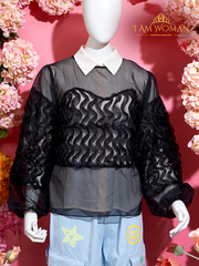Black Sheer Blouse with 3D Floral Accents