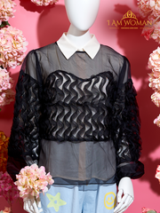 Black Sheer Blouse with 3D Floral Accents
