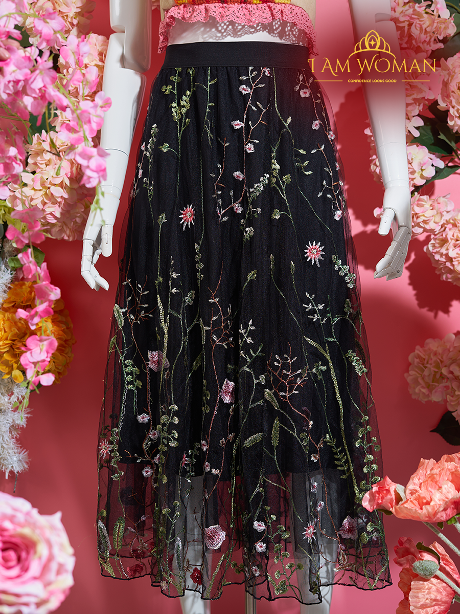 Black Floral Embroidered Tulle Skirt