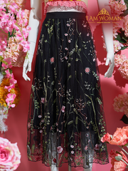Black Floral Embroidered Tulle Skirt