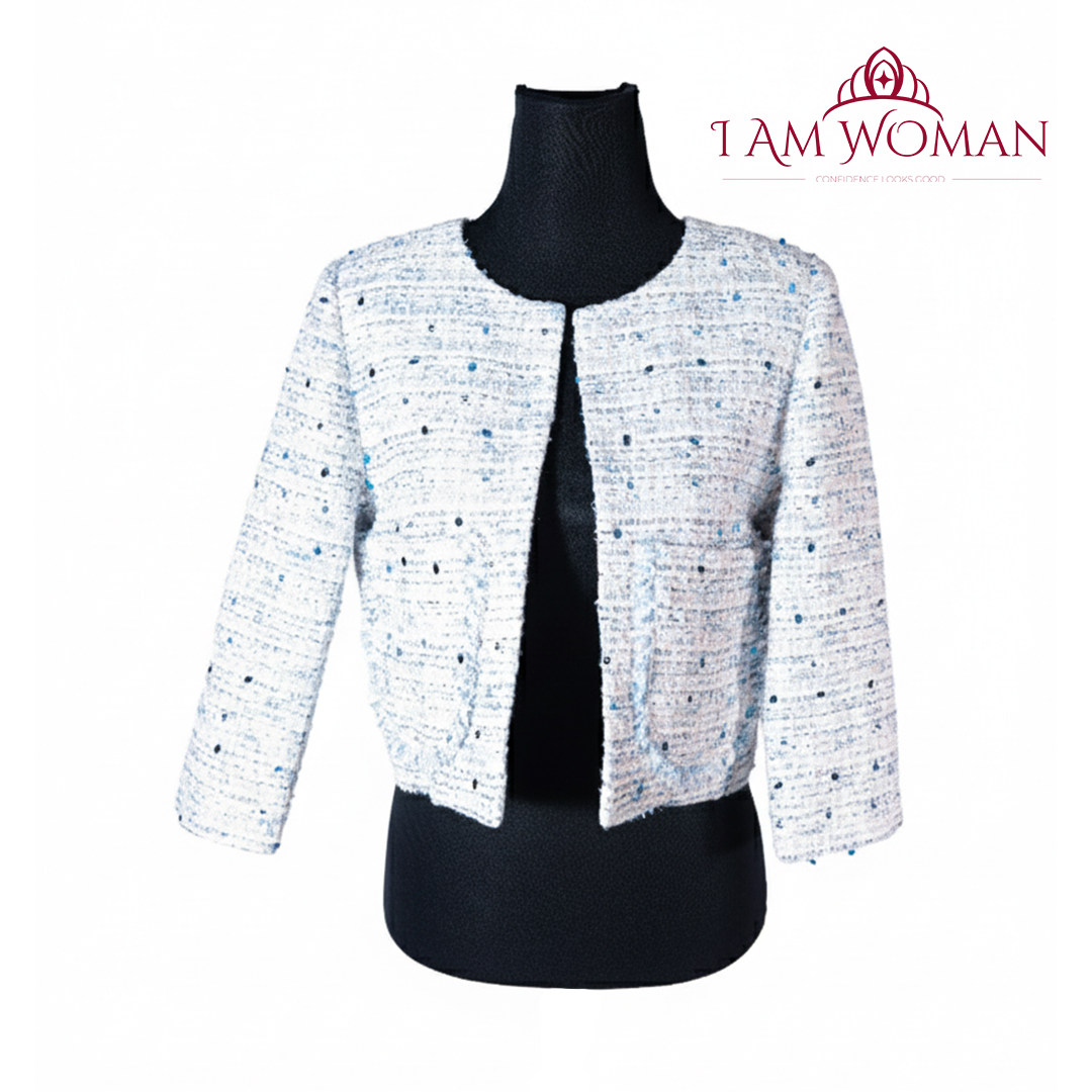 I Am Woman Gray Multi Colored Sequined Tweed Cropped Jacket