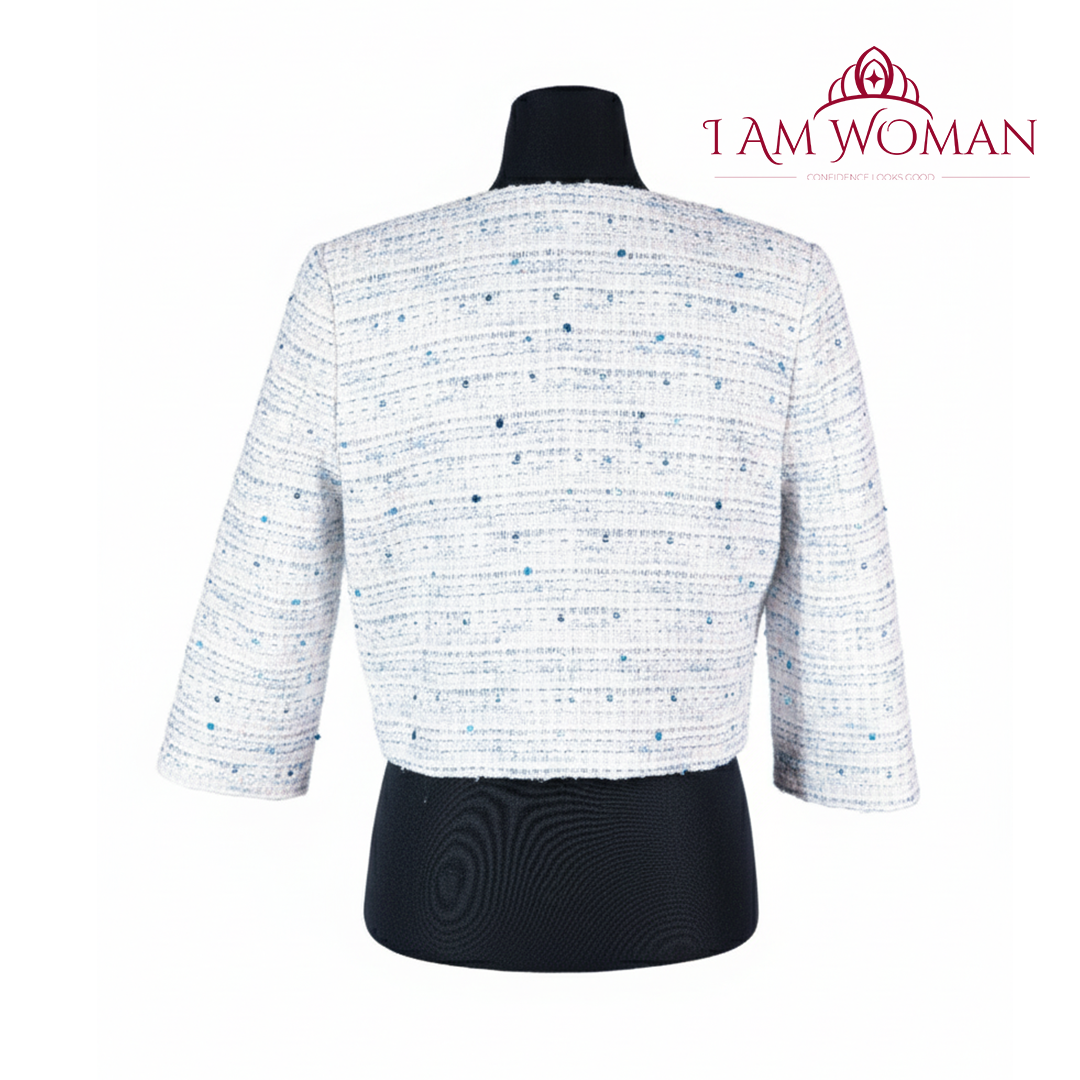 I Am Woman Gray Multi Colored Sequined Tweed Cropped Jacket