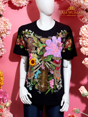 Black, Embroidered Floral and Hummingbird Shirt