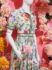 White Floral Print, Pleated Midi Dress