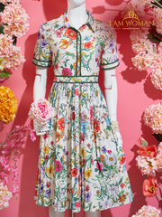 White Floral Print, Pleated Midi Dress