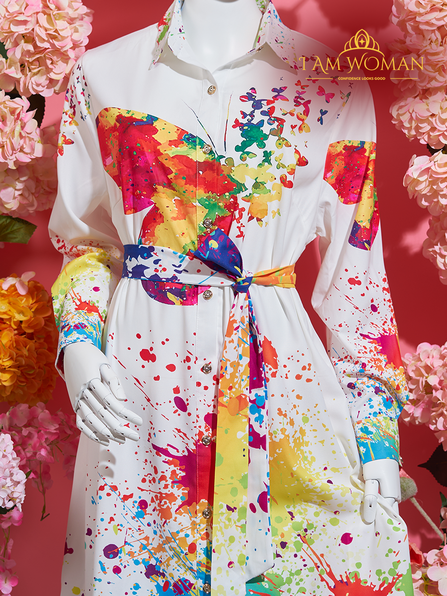 White, Rainbow Splatter Paint, Butterfly Print Shirt