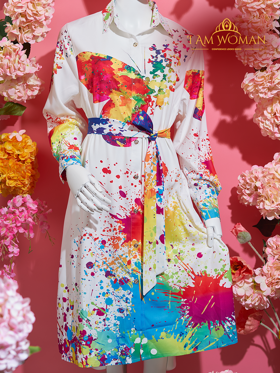 White, Rainbow Splatter Paint, Butterfly Print Shirt