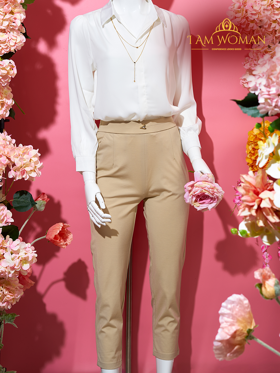 I Am Woman Light Beige Straight Pants w /Heart Shape Button