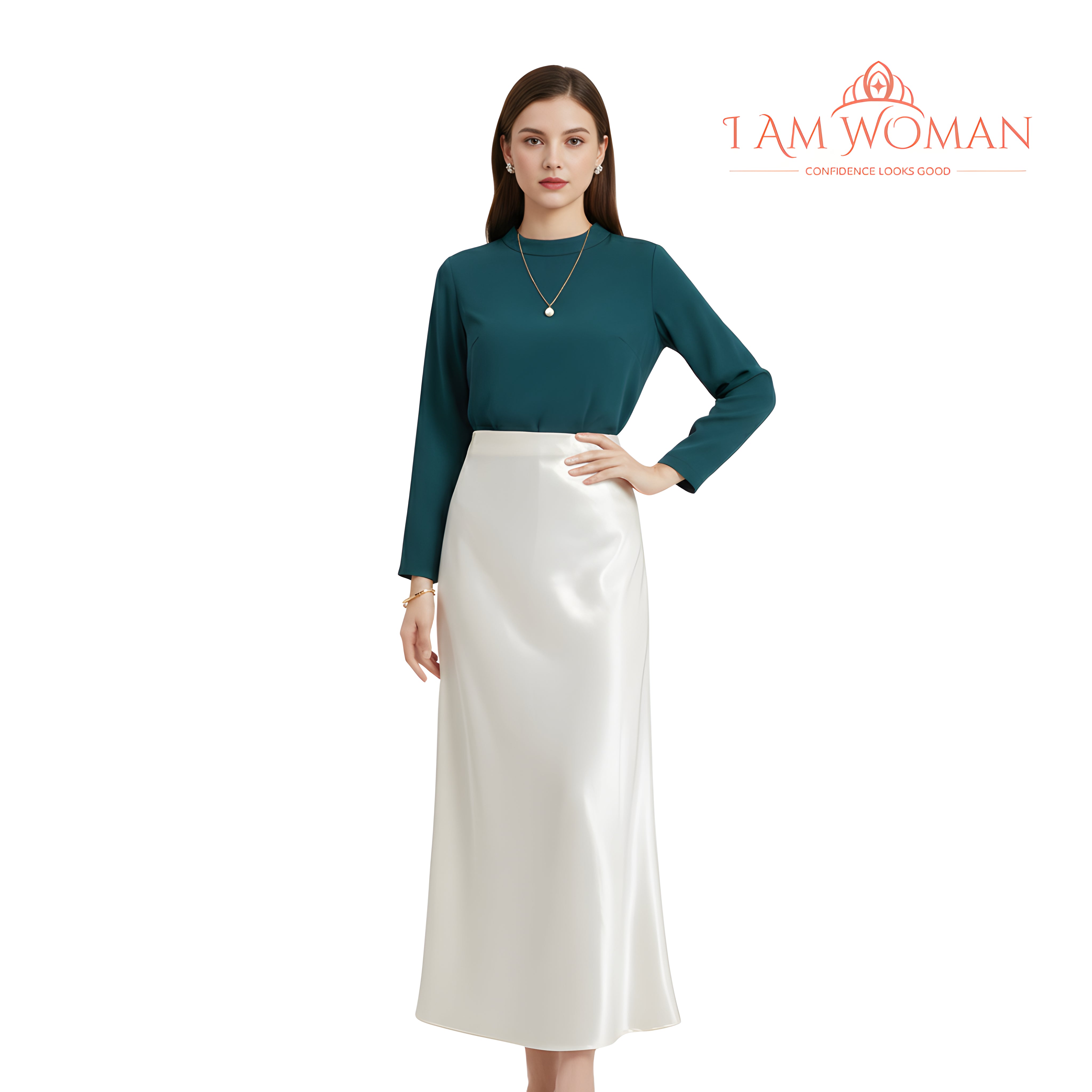 I Am Woman Ivory Satin High-Waisted Skirt