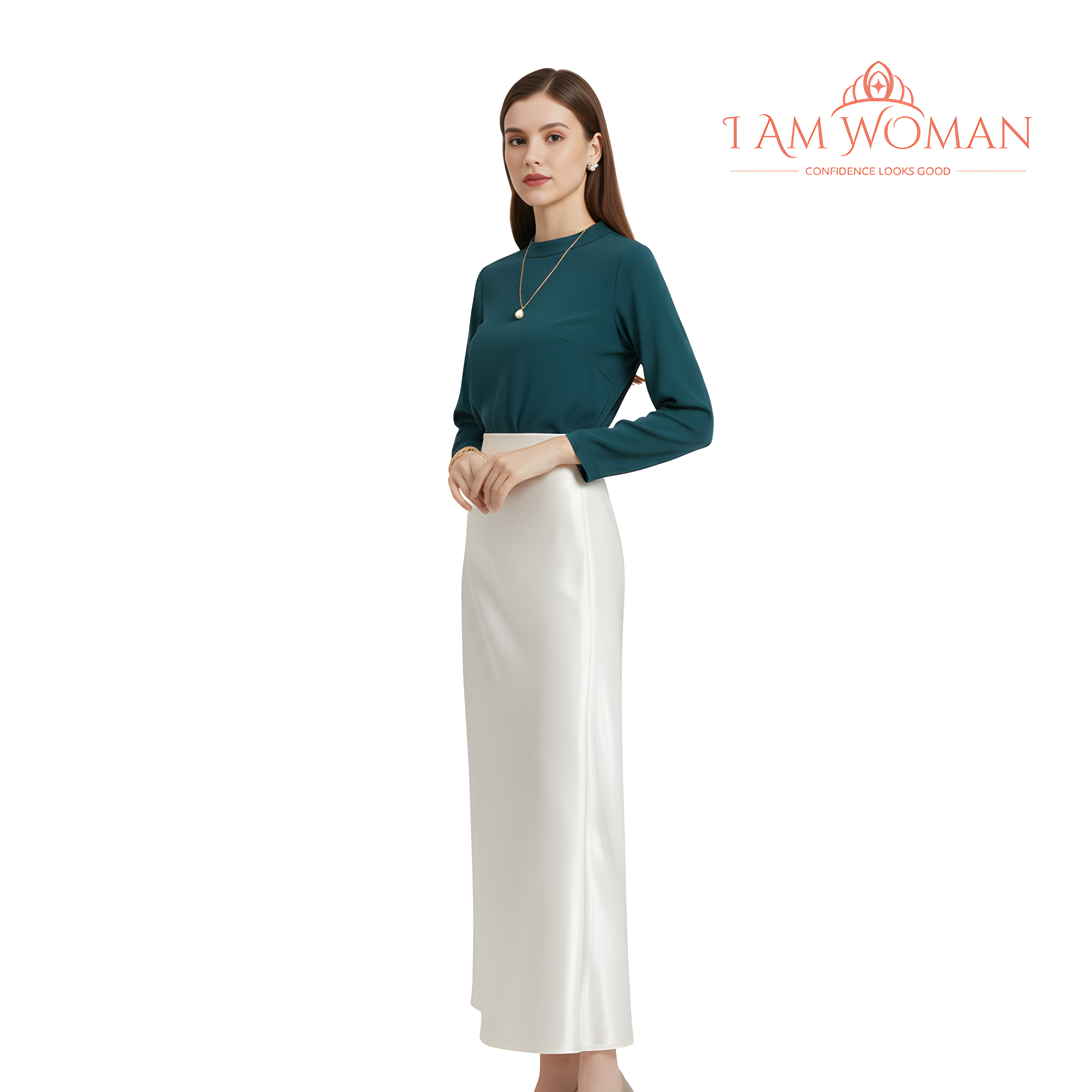 I Am Woman Ivory Satin High-Waisted Skirt
