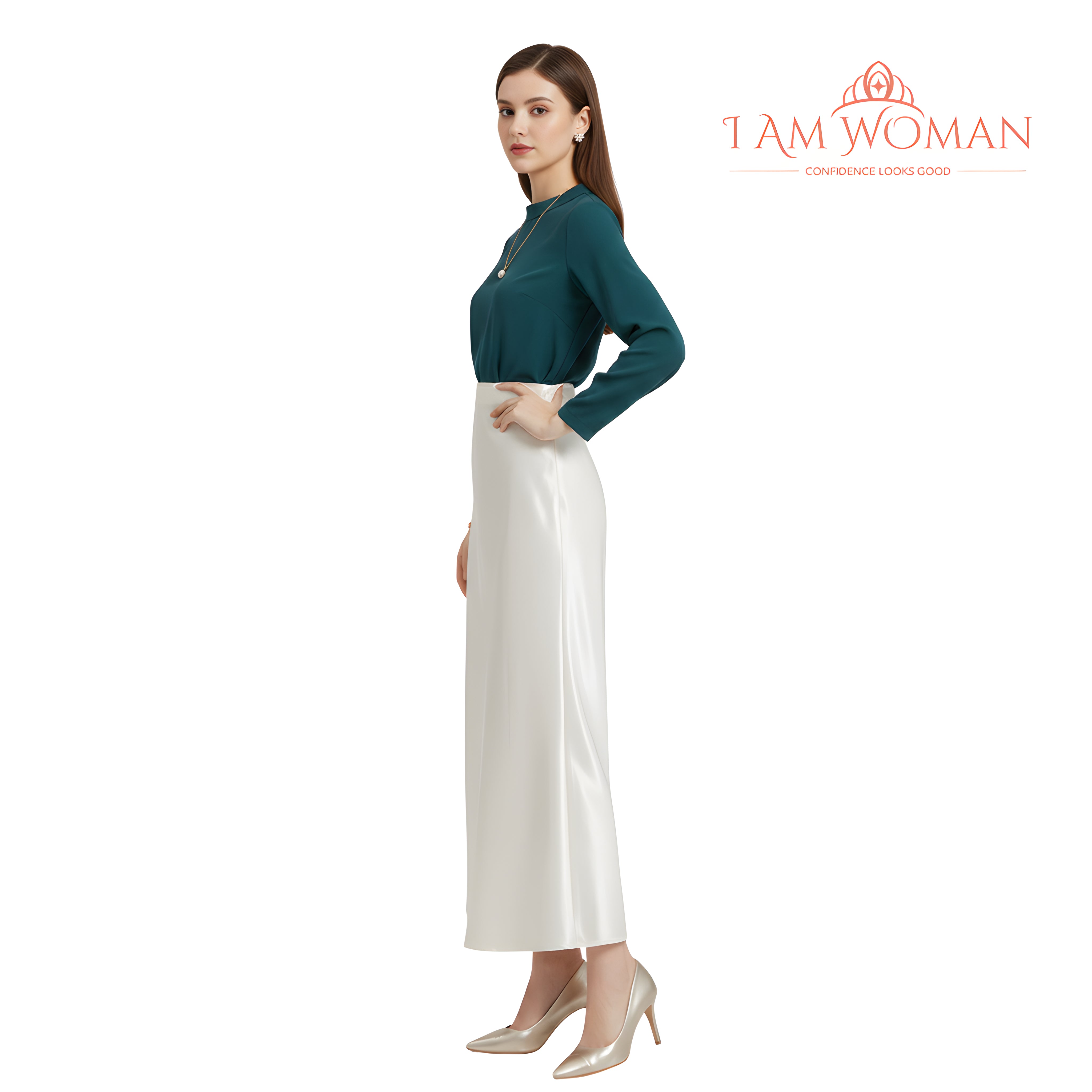 I Am Woman Ivory Satin High-Waisted Skirt