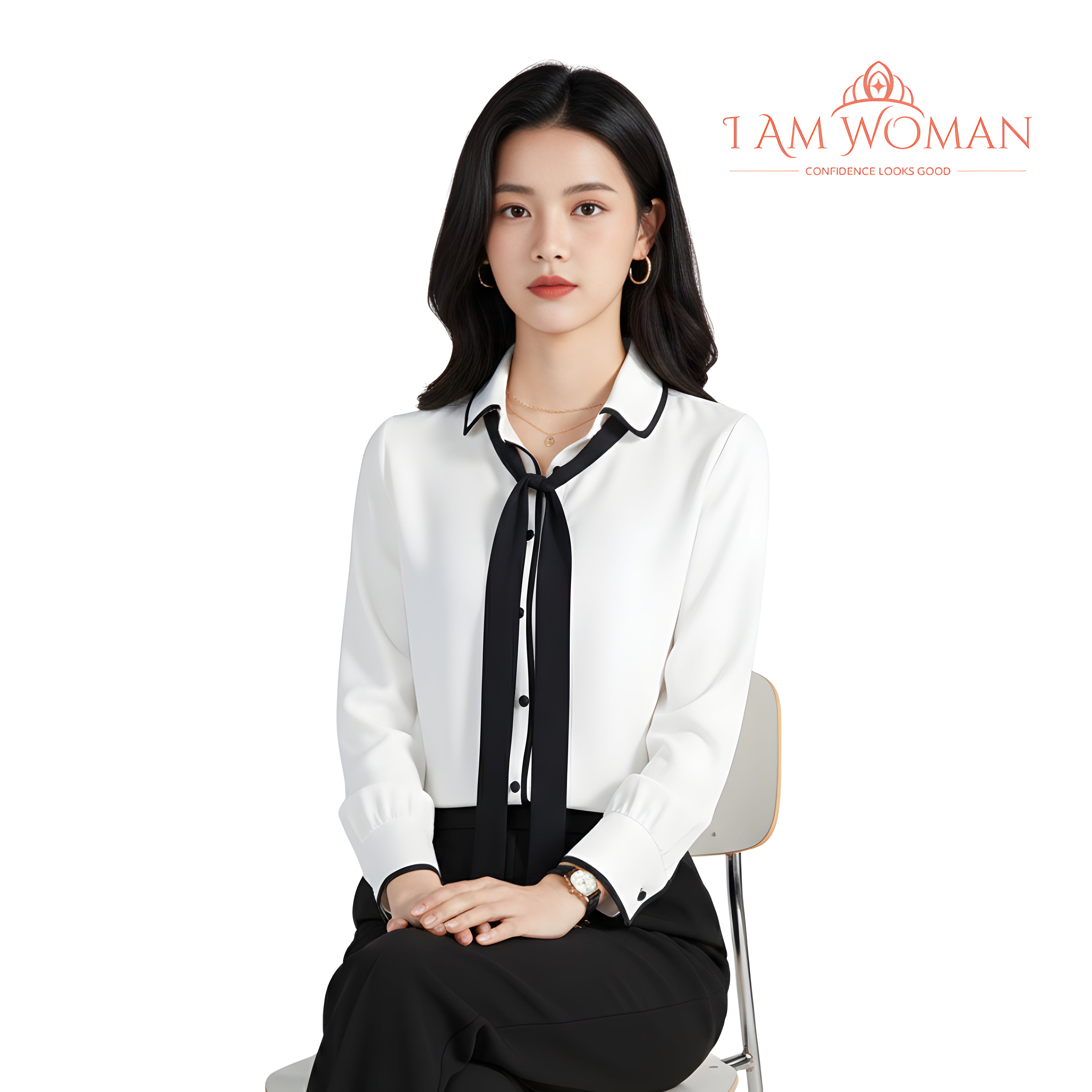 I Am Woman White Blouse with Black Necktie
