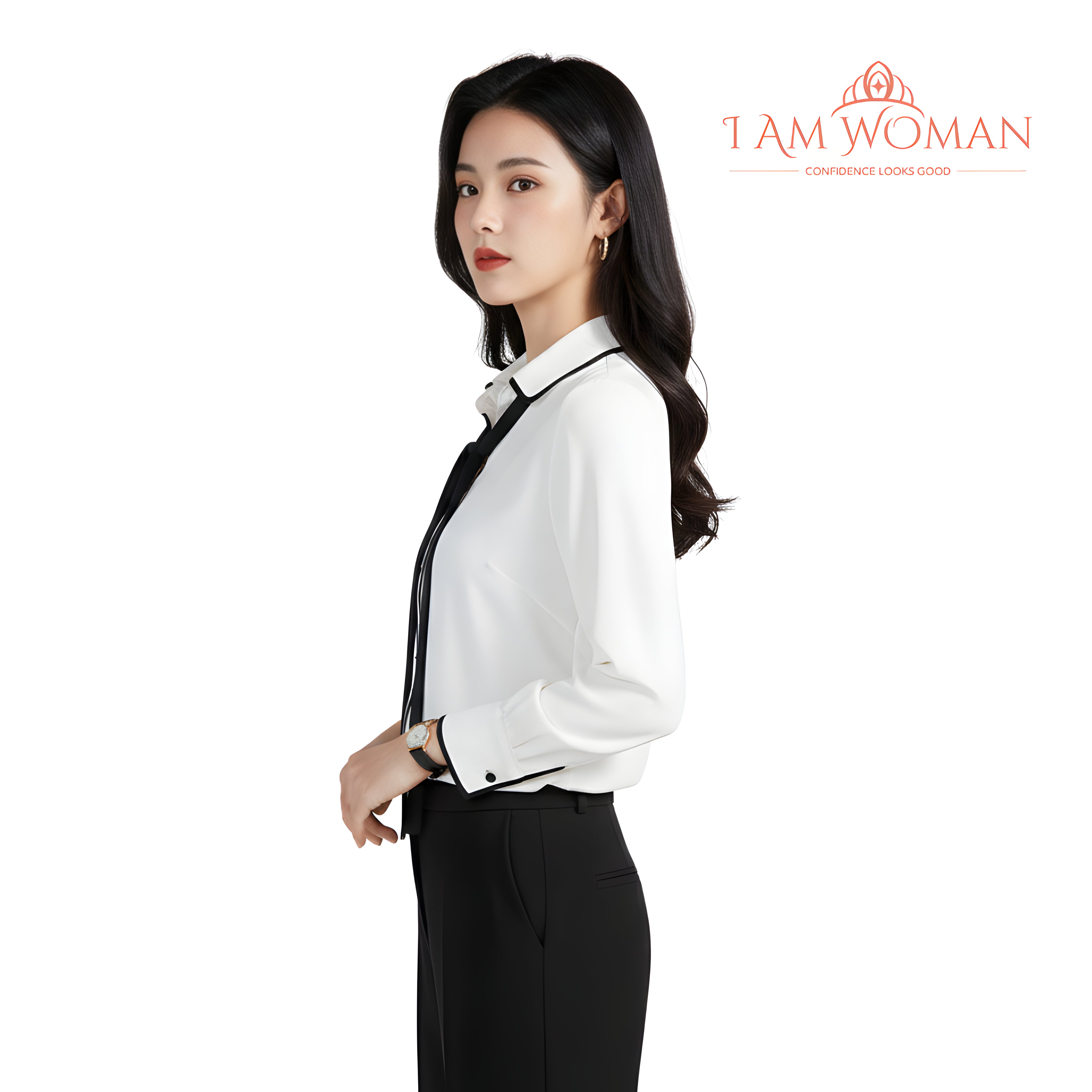 I Am Woman White Blouse with Black Necktie
