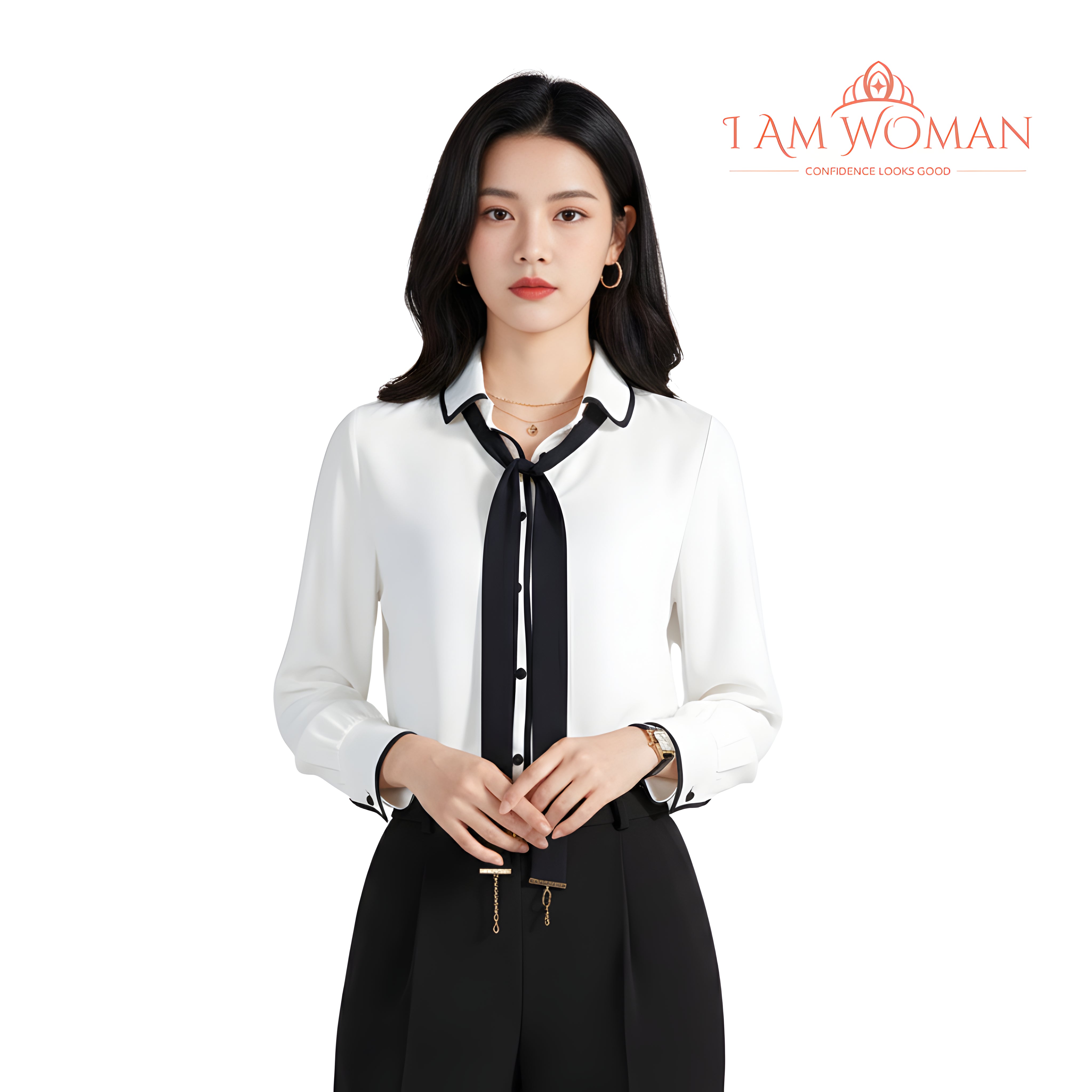 I Am Woman White Blouse with Black Necktie