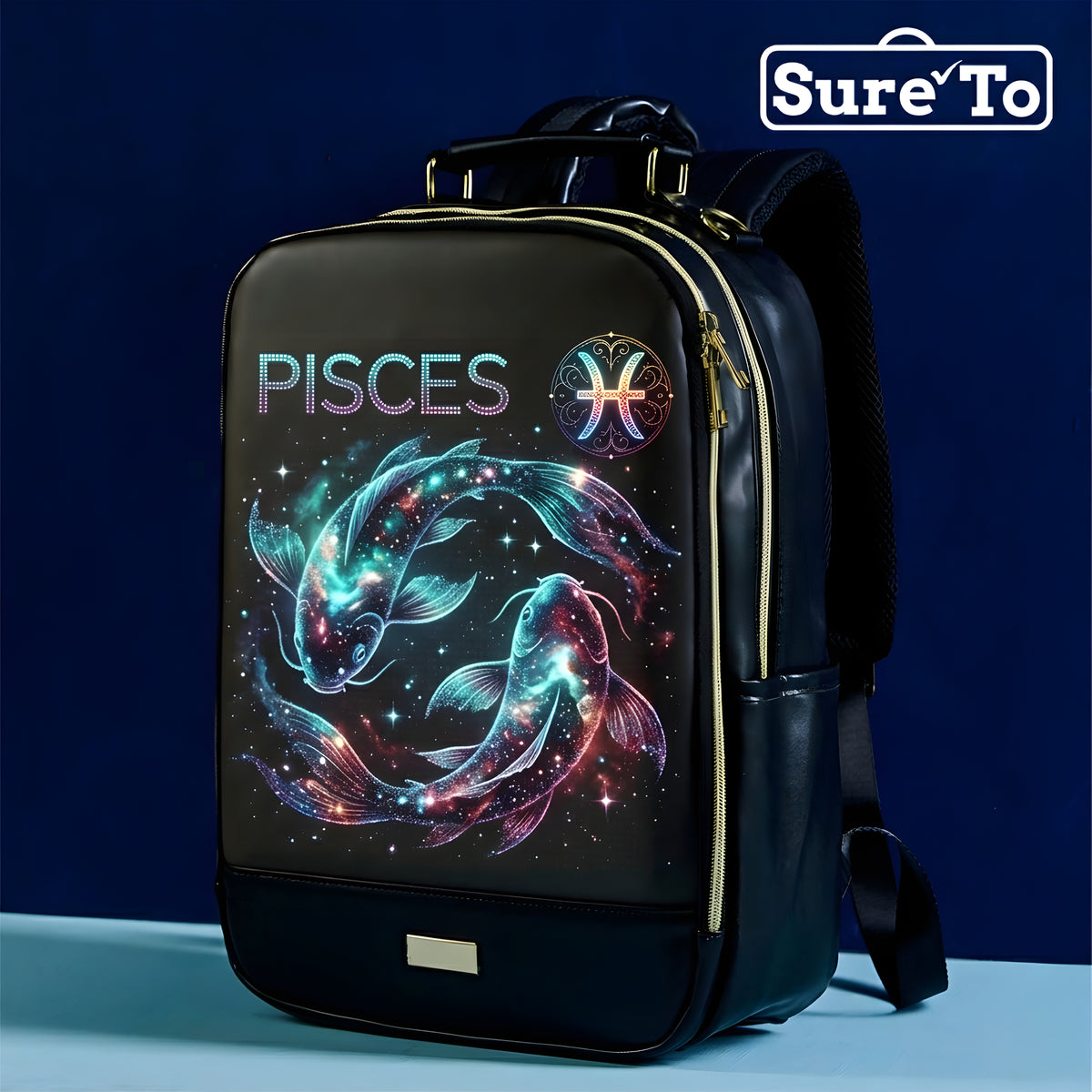 Sureto LED Bag Backpack Nylon Plain Black with Gold Hardware